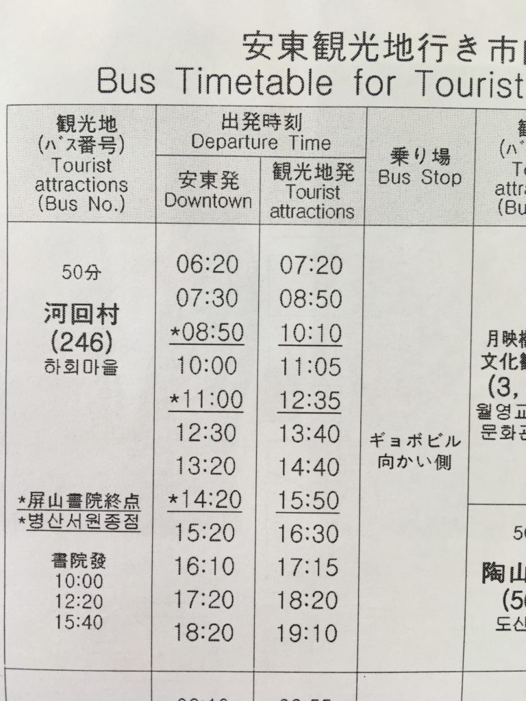 河回村行きのバスの時刻表